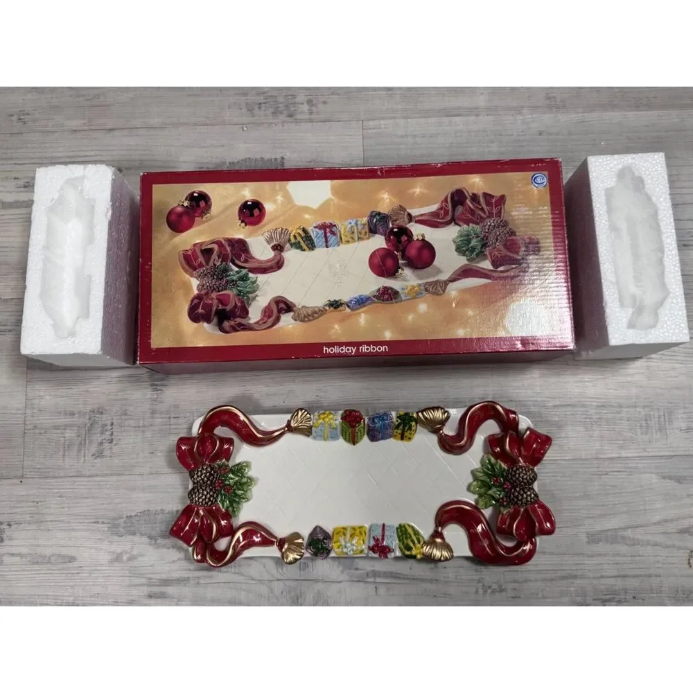 VTG‎ JCPenney Home Collection Holiday Ribbon Decorative Ceramic Tray NIB